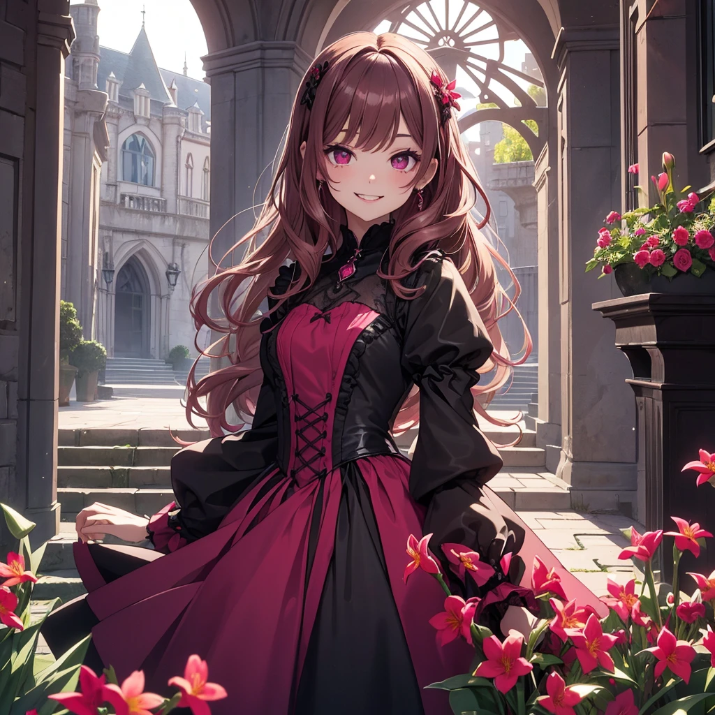 Girl, short, clear skin, magenta eyes that are almond-shaped, short, wavy light brown hair, black and crimson Victorian dress, a kind smile showing small fangs, picking lilies of the valley in the courtyard of a castle