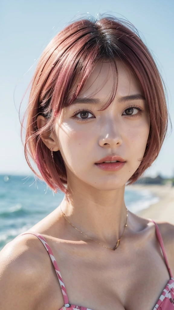 Model actress、One Woman、cool、Japanese and half European、Close-up of face、30 generation beauty、Realistic Skin、Seaside、4K images、bright pink hair、Short Hair