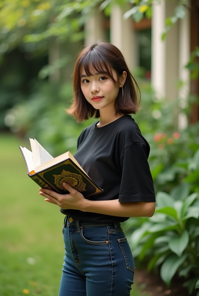 25 year old girl, small chest, short brown hair with bangs, (black t-shirt), jeans, walking on the lawn of the garden, looking at the camera with a book in her hand ((special symmetry in the book)) ((special attention on the hands)), ((height 160 centimeters))) camera zoomed out, medium shot, amer shot film photography 2000s film photography film photography film lighting, medium shot to waist, 75mm lens, production quality, depth of field, film photography, color gradation, exquisite detail, sharp focus, intricate detail, long exposure time, f/2. 8, diffuse backlighting, award-winning photography, hyper-realistic, unrealistic engine, realistic lens flare, cinematic lighting, studio lighting, beautiful lighting, accent lighting, global illumination, ray-traced global illumination, ray-traced reflections, light reflections, reflections in screen space, anti-aliasing, FKAA, TXAA, RTX, SSAO, shaders, OpenGL shaders, elegant, 4K