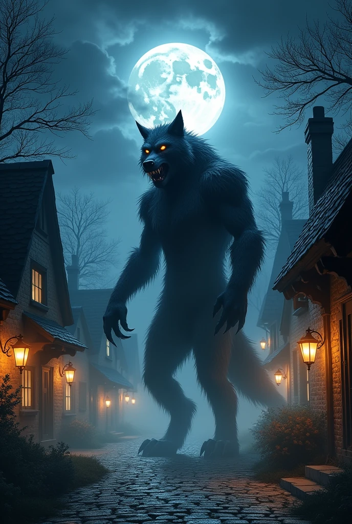 Create an image of a werewolf, 1/2 the height of the image, standing, growling, arms open, ready to attack, walking on the road, with a medieval European countryside village on a full moon night as the background.