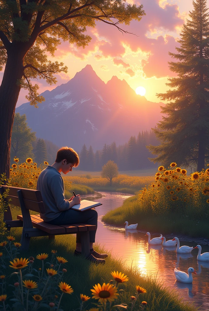 A painting with a park,  white ducks water stream and sunflowers a 22 year old man 5’11 fair without  face a little muscular  with good straight hair sitting in a park  and writing poetry  Sunset and lavenders  and mountains