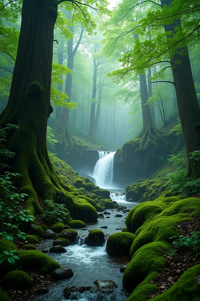 Create a photorealistic image of a forest on a rainy day