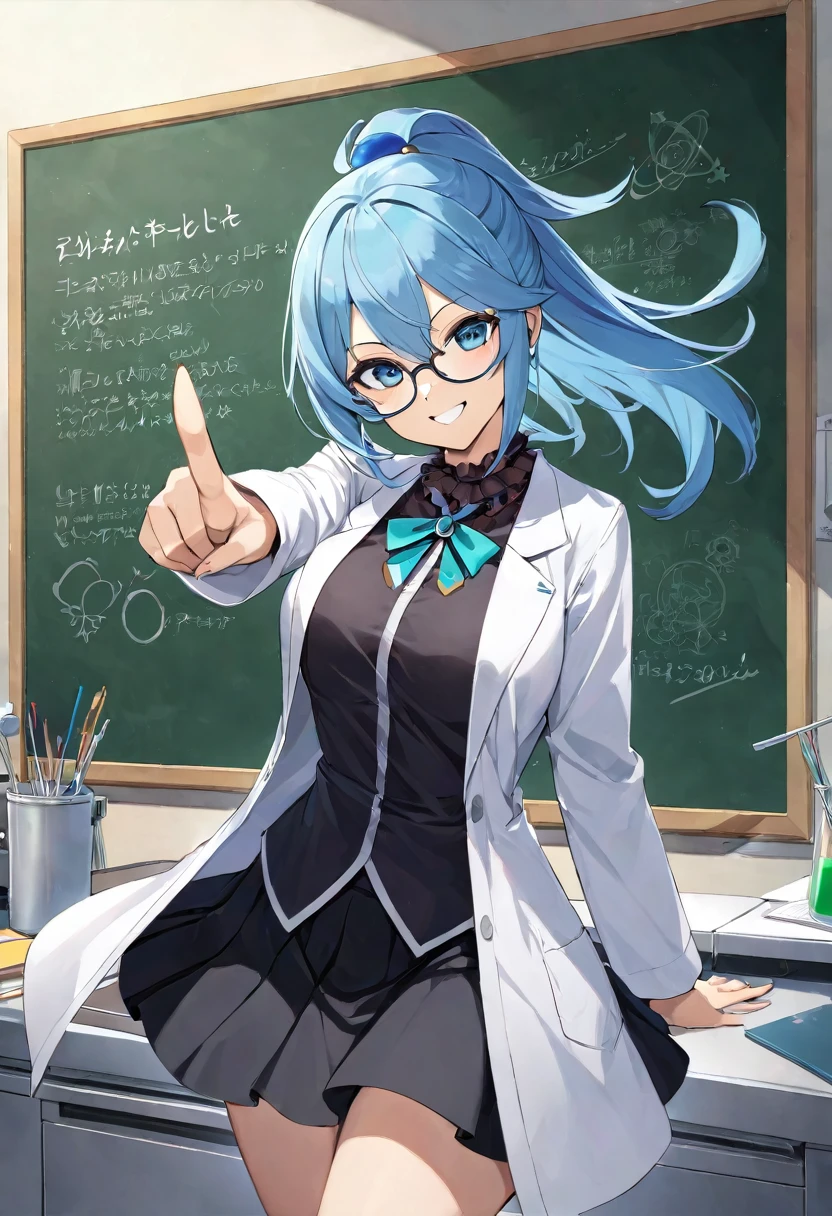 solo, 1girl, ksaqua, smile, looking at viewer, holding pointing stick , jewelry,labcoat, black skirt, black tie neck blouse, frills, indoors, lab room blackboard,dynamic pose, standing,smile,glasses,ring hair