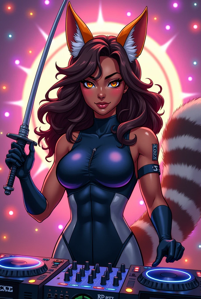 You are going to do the anime-style cartoon of a woman, Light brown skin, medium brown wavy hair, dark brown eyes, Your attire is a Jaeger pilot suit., with orange fox ears, gray fluffy Lemur tail on a DJ console with headphones and holding a fencing sword in her hands and looks very angry