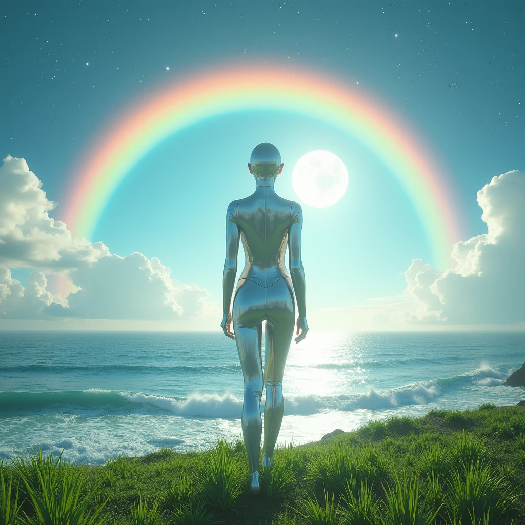 mesmerizingly beautiful white silver translúcido zero suit , latex clothing, front grass , realistic background sea seawater, the sun stars rainbow on top of the image and moon below the image