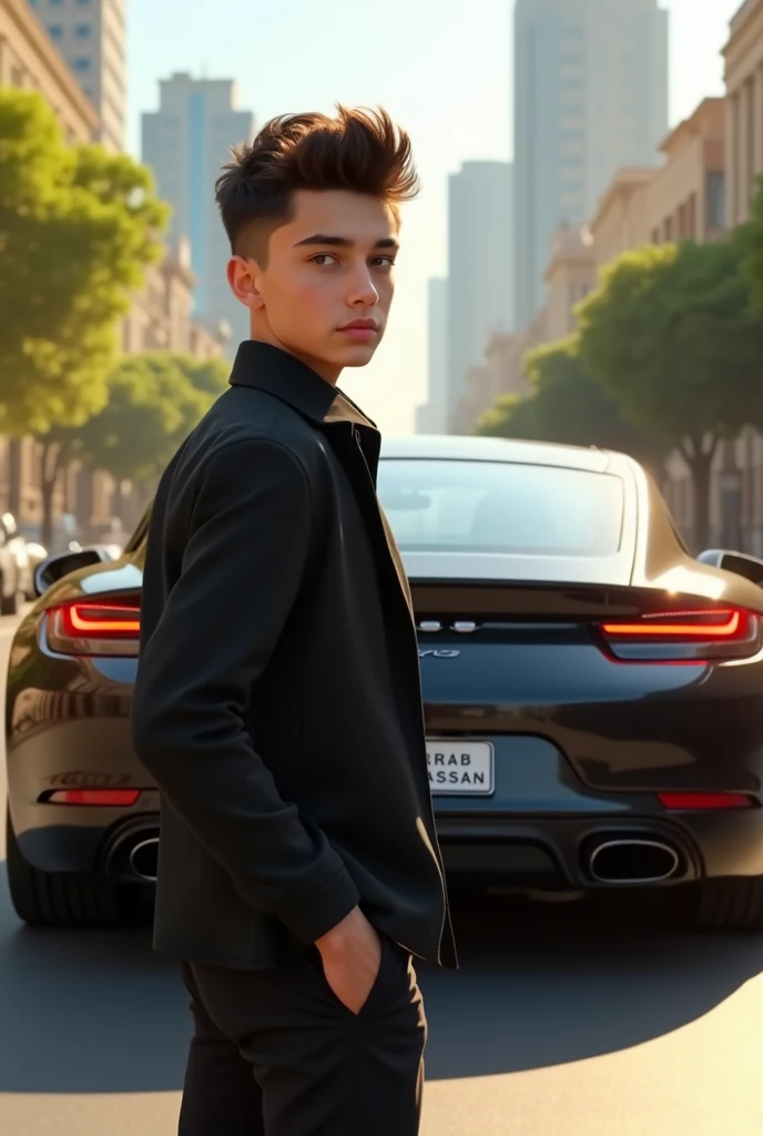Creat a 3d illusion of 16 year's stylish boy, Stand on the road,with car,Wearing black dress, write Arbab Hassan with capital fonts on the back mirror of car.
