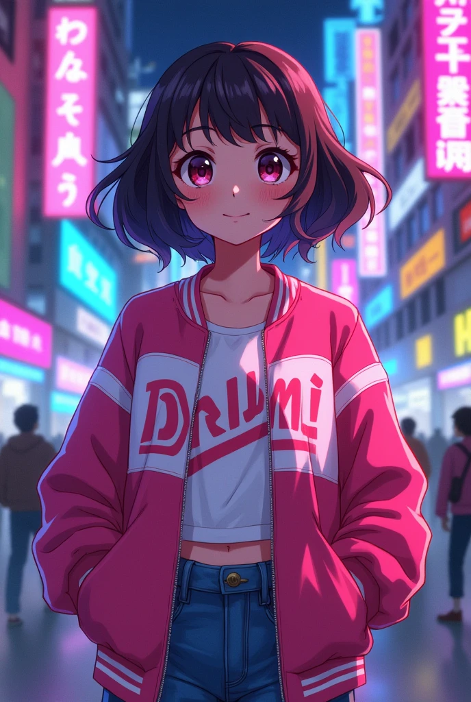 A girl is wearing a pink and white jacket and her name 'Dilmi' has written on that. She is in a neon blackground. She has a medium size hair. She is pretty. This should be an animated anime picture.