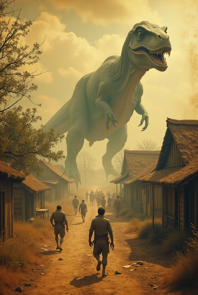 Create an image with an antique aesthetic, in a yellowish tone, evoking a 19th century photograph. The scene should depict an ancient village, with architecture of the time, like wooden houses and thatched roofs. Include typical elements, like ox carts, dry trees and fields.Add giant animals attacking the village. These animals must have a design that combines natural and fantastic elements., like dinosaurs or mythological creatures. They must look imposing and threatening., with details that convey strength and size, like huge claws and scales.Show animals in action, causing destruction to buildings, with people fleeing in panic. Add details like smoke, debris and lighting effects to intensify the scene and create a sense of chaos and impact.The image should have a yellowish, faded tone., with slightly worn edges and grainy texture to simulate the aging typical of old photographs.