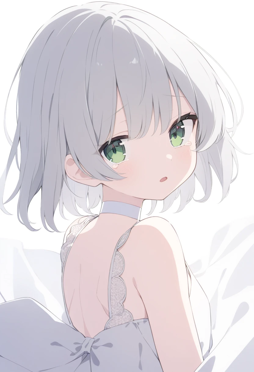 Pale gray hair　Slightly bluish, Dark green eyes　Eyes wide open　White choker　Expressionless　 Tears running down my cheeks　Looking into the camera　look back　A white dress with thin white lace　Slightly open mouth　Flowing Tears