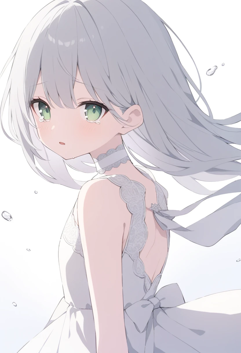 Pale gray hair　Slightly bluish, Dark green eyes　Eyes wide open　White choker　Expressionless　 Tears running down my cheeks　Looking into the camera　look back　A white dress with thin white lace　Slightly open mouth　Flowing Tears