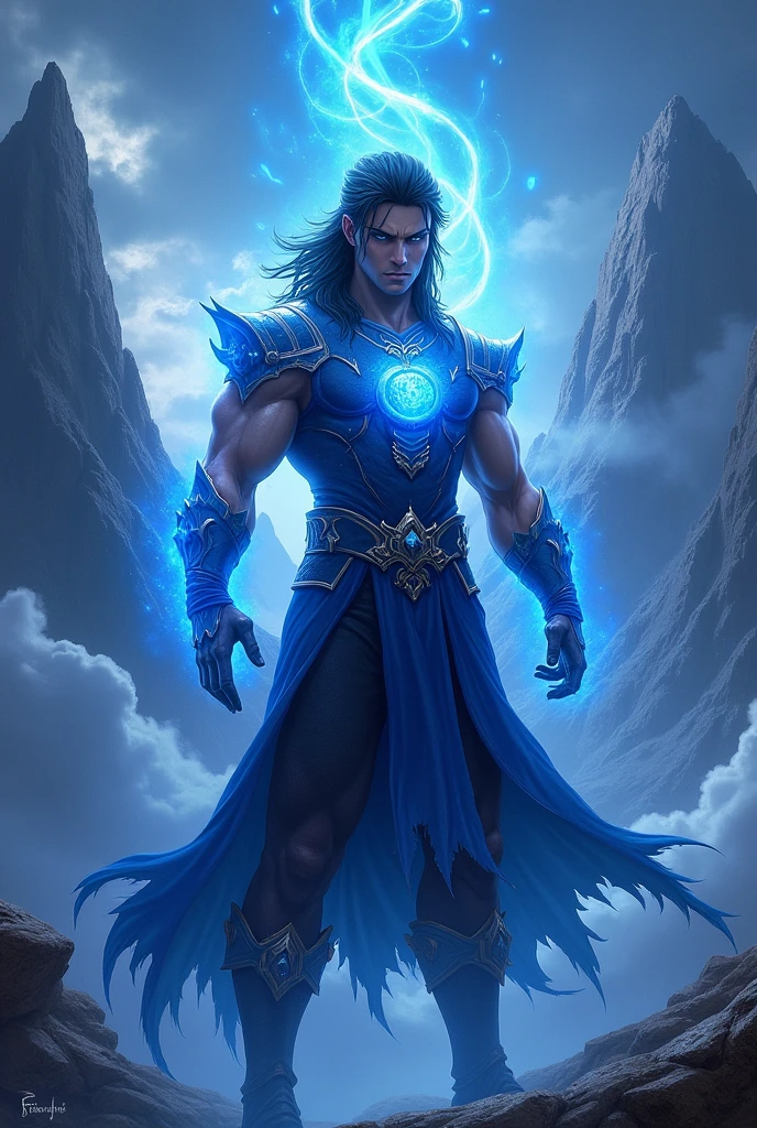 Create a character in JAPANESE ANIME STYLE, MASCULINE with warrior style, black hair with a cobalt blue strand in a single hair, COBALT blue eyes and a cobalt blue aura emanating from his body. Make it like a web novel cover with the name: The Eminent Divine Spirit, written on the cover.