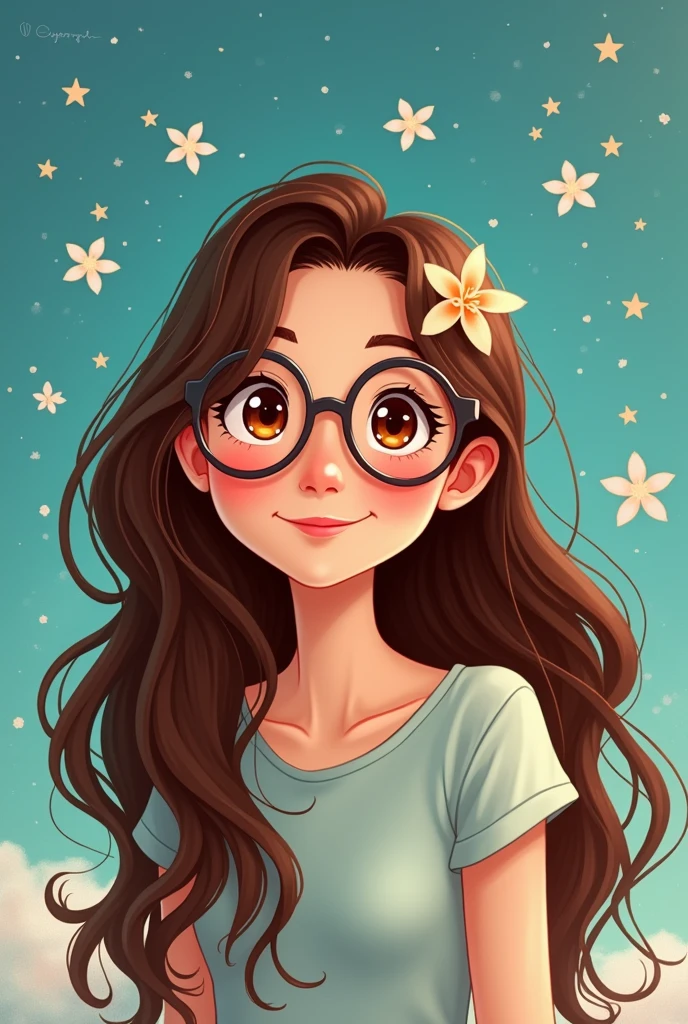 I want you to make a Disney style drawing, of a brunette with long, loose hair, com olhos castanhos, wearing glasses. 8k illustration ,
The background of the photo needs to be the color #9346BA