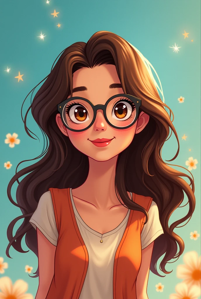 I want you to make a Disney style drawing, of a brunette with long, loose hair, com olhos castanhos, wearing glasses. 8k illustration ,
The background of the photo needs to be the color #9346BA