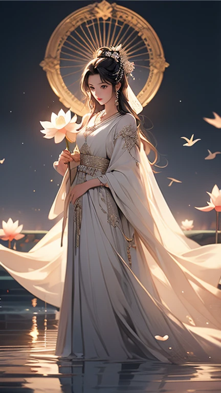 (masterpiece,Highest quality,,8k,High resolution),One female,,Compassionate Mother Kannon,Black Hair,,Wave,,Standing on the surface of the water,,flower,bird,,moon,,jewelry,Holding,Long sleeve,Veil,necklace,Lotus,Long Hair,dress,(whole body),Highly detailed CG,