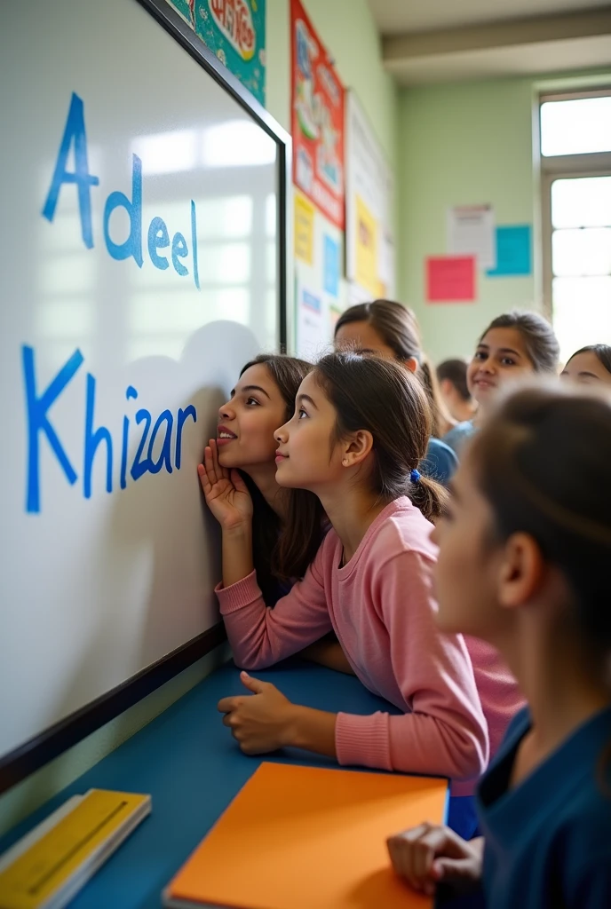 AK-Adeel khizar written on class room White board with board marker and girls are kissing that name