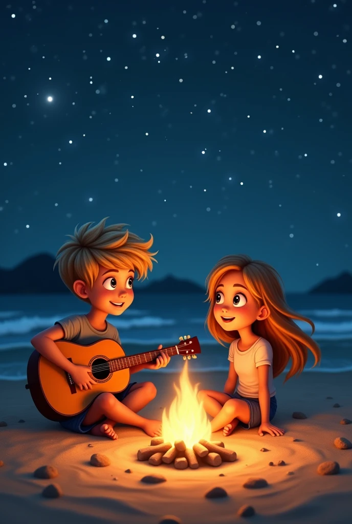 Boy playing guitar in front of girl at beach having bonfire night view