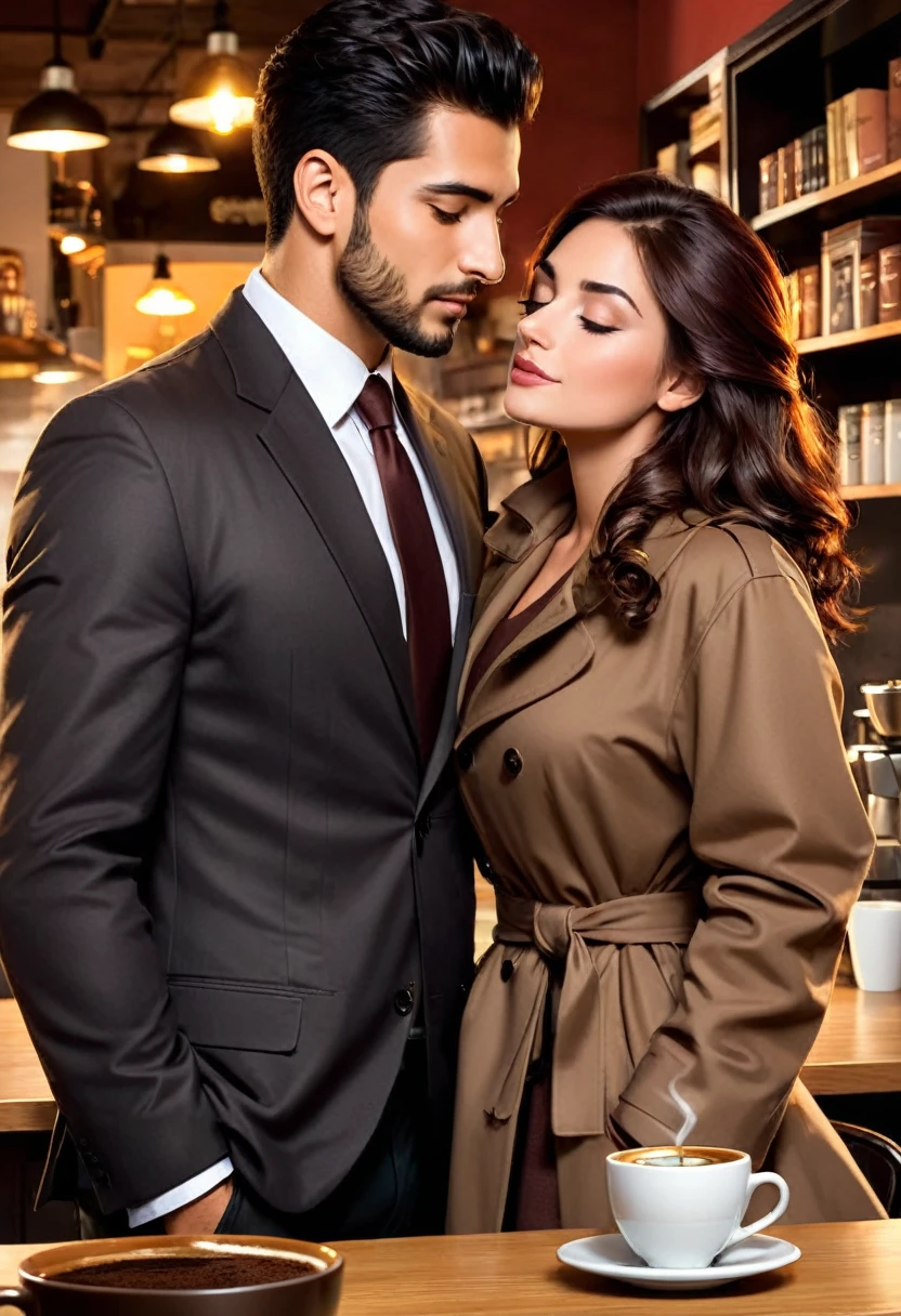 Create a cover for a book called "It usually has the aroma of coffee". Trata sobre un romance de un hombre y una mujer en el q uno de los dos It usually has the aroma of coffee. I want the image without real people, only fictional and animated scenarios. And have the book title at the top "It usually has a coffee aroma. ". I want a man and a woman to appear 
