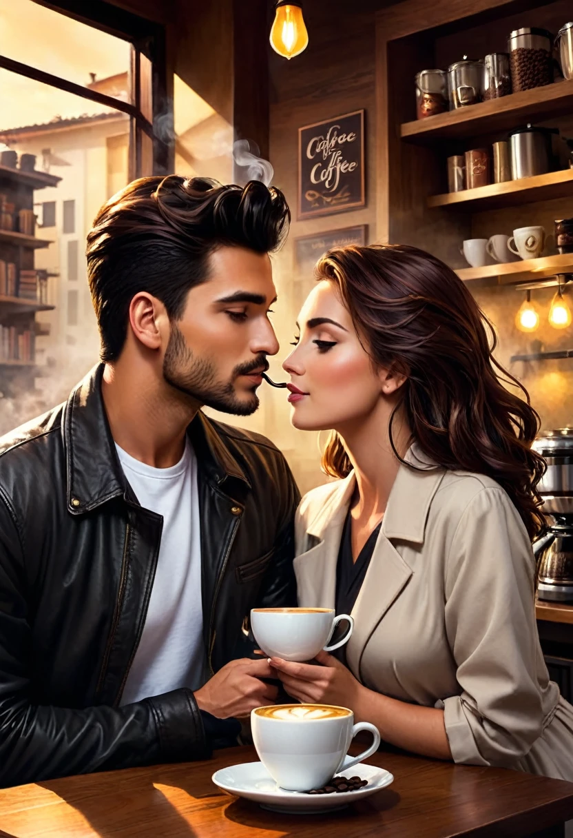 Create a cover for a book called "It usually has the aroma of coffee". Trata sobre un romance de un hombre y una mujer en el q uno de los dos It usually has the aroma of coffee. I want the image without real people, only fictional and animated scenarios. And have the book title at the top "It usually has a coffee aroma. ". I want a man and a woman to appear 