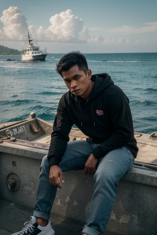 A 30 year old man with short hair is sitting on a boat holding a camera wearing a black hoodie with a writing design on the chest of Wong Bumiayu with a background of people selling vegetables and fruit on a realistic 3D boat.
