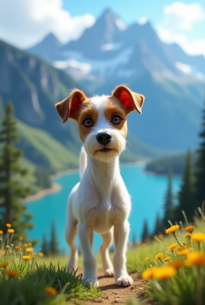 Disney Pixar Style Jack Russell terrier with a confident expression, adult male dog, long legs, high quality, best quality, scruffy, white body, no spots on body, mountain range, lake, summit, low angle, close up, bokeh, realistic