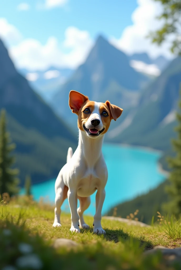 Disney Pixar Style Jack Russell terrier with a confident expression, adult male dog, long legs, high quality, best quality, scruffy, white body, no spots on body, mountain range, lake, summit, low angle, close up, bokeh, realistic 