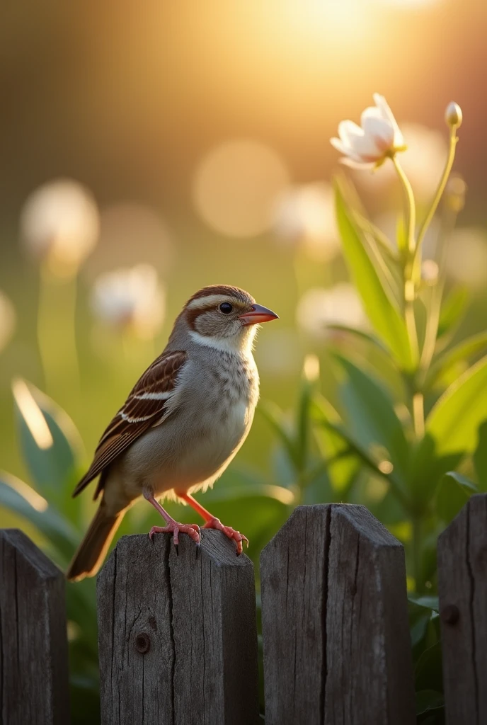A close-up of a sparrow sitting on a rustic wooden fence, with morning sunlight casting a warm glow on its feathers.
