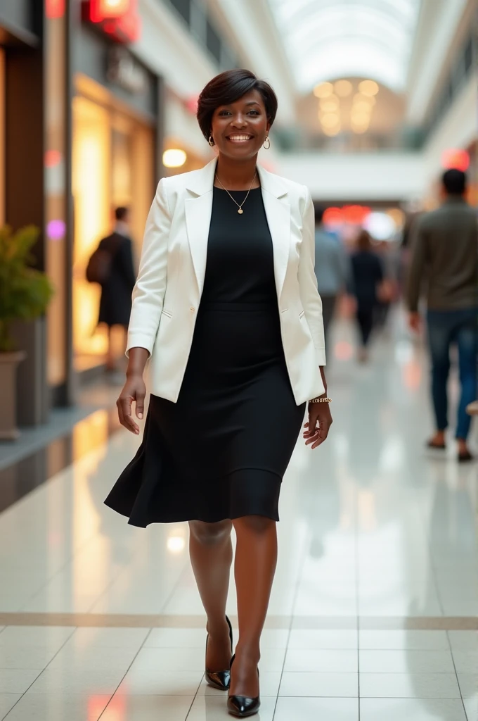 Short, dark-skinned woman with short, masculine brown hair, black eyes, a smile on her face, slightly overweight, walking alone in the mall wearing a black dress with a white blazer and black medium-heeled shoes. 