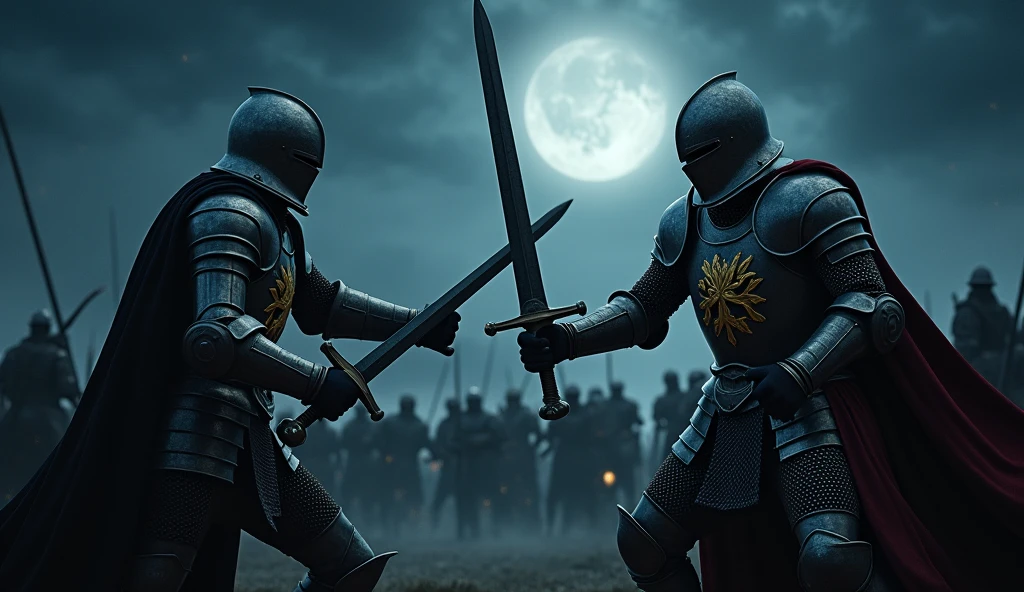A highly realistic, high-contrast, 8K HD, detailed, hyper-detailed image of medieval knights with lion emblems on their armor, engaged in fierce combat on the battlefield at night, wielding their swords with skill and determination. The knights, clad in steel armor with lion emblems painted on their chests, battle against their enemies under the cover of darkness. The moonlight and faint glimmers of starlight cast an eerie glow over the scene, reflecting off their armor as they clash in the midst of combat. The atmosphere is intense and filled with the tension of battle, capturing the raw power and courage of the knights as they fight valiantly in the night. The image is of the highest quality, with ultra-high resolution, RAW photo quality, and Unreal Engine rendering, showcasing the heroic and relentless spirit of the knights as they battle under the night sky, with the lion emblem prominently displayed on their armor.
