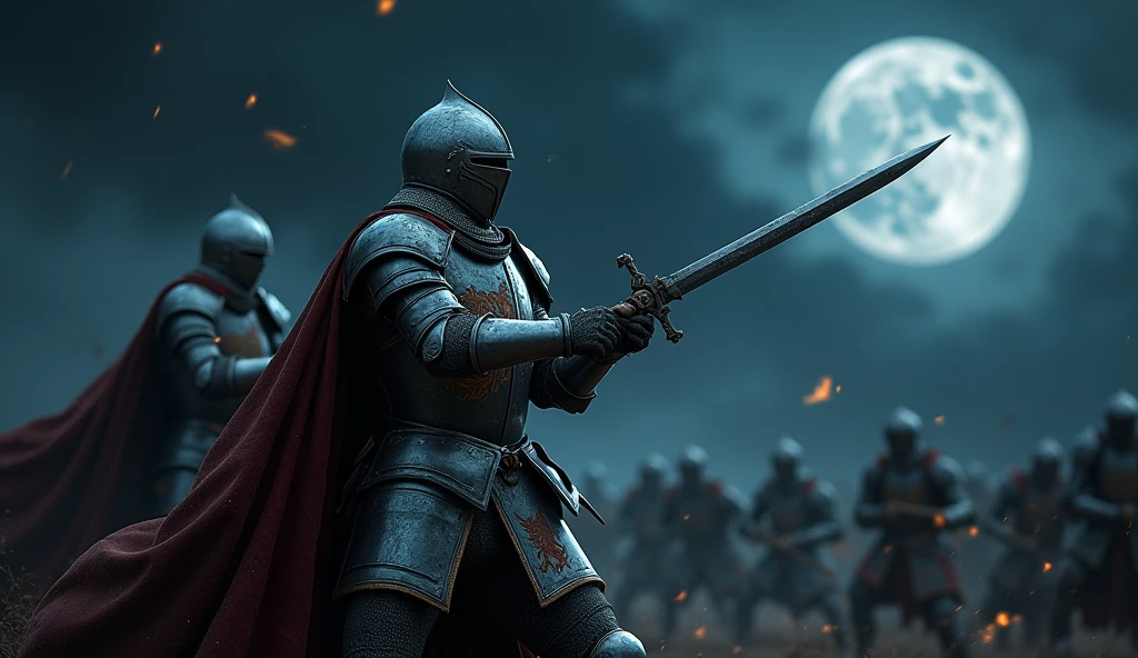 A highly realistic, high-contrast, 8K HD, detailed, hyper-detailed image of medieval knights with lion emblems on their armor, engaged in fierce combat on the battlefield at night, wielding their swords with skill and determination. The knights, clad in steel armor with lion emblems painted on their chests, battle against their enemies under the cover of darkness. The moonlight and faint glimmers of starlight cast an eerie glow over the scene, reflecting off their armor as they clash in the midst of combat. The atmosphere is intense and filled with the tension of battle, capturing the raw power and courage of the knights as they fight valiantly in the night. The image is of the highest quality, with ultra-high resolution, RAW photo quality, and Unreal Engine rendering, showcasing the heroic and relentless spirit of the knights as they battle under the night sky, with the lion emblem prominently displayed on their armor.