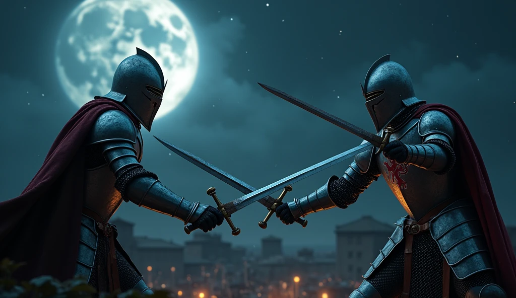 A highly realistic, high-contrast, 8K HD, detailed, hyper-detailed image of medieval knights with lion emblems on their armor, engaged in fierce combat on the battlefield at night, wielding their swords with skill and determination. The knights, clad in steel armor with lion emblems painted on their chests, battle against their enemies under the cover of darkness. The moonlight and faint glimmers of starlight cast an eerie glow over the scene, reflecting off their armor as they clash in the midst of combat. The atmosphere is intense and filled with the tension of battle, capturing the raw power and courage of the knights as they fight valiantly in the night. The image is of the highest quality, with ultra-high resolution, RAW photo quality, and Unreal Engine rendering, showcasing the heroic and relentless spirit of the knights as they battle under the night sky, with the lion emblem prominently displayed on their armor.