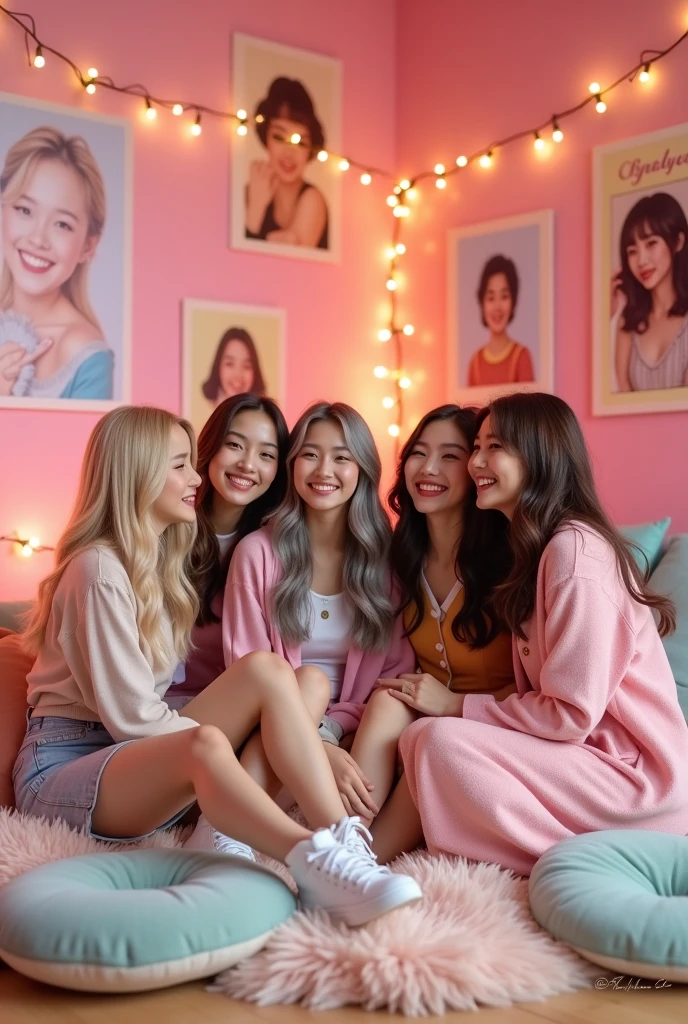 make me a realistic Korean kpop group with five girls, one blonde and one with gray hair and the others with brown hair, in a pink room, composes fofas e divertidas, They are sitting.