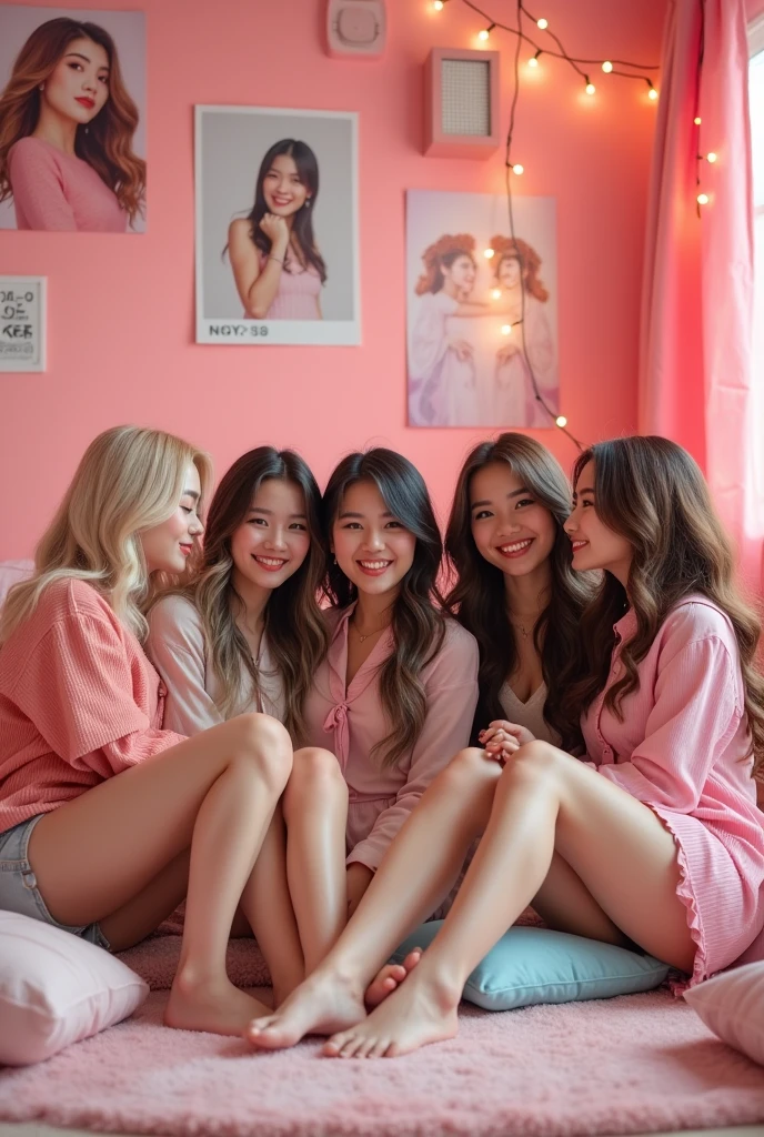 make me a realistic Korean kpop group with five girls, one blonde and one with gray hair and the others with brown hair, in a pink room, composes fofas e divertidas, They are sitting.