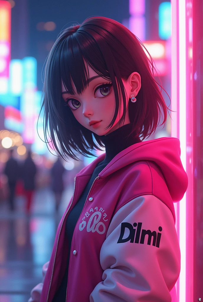 A girl is wearing a pink and white jacket and her name 'Dilmi' has written on that. She is in a neon blackground. She has a medium size hair. She is pretty. This should be a 3D anime picture.