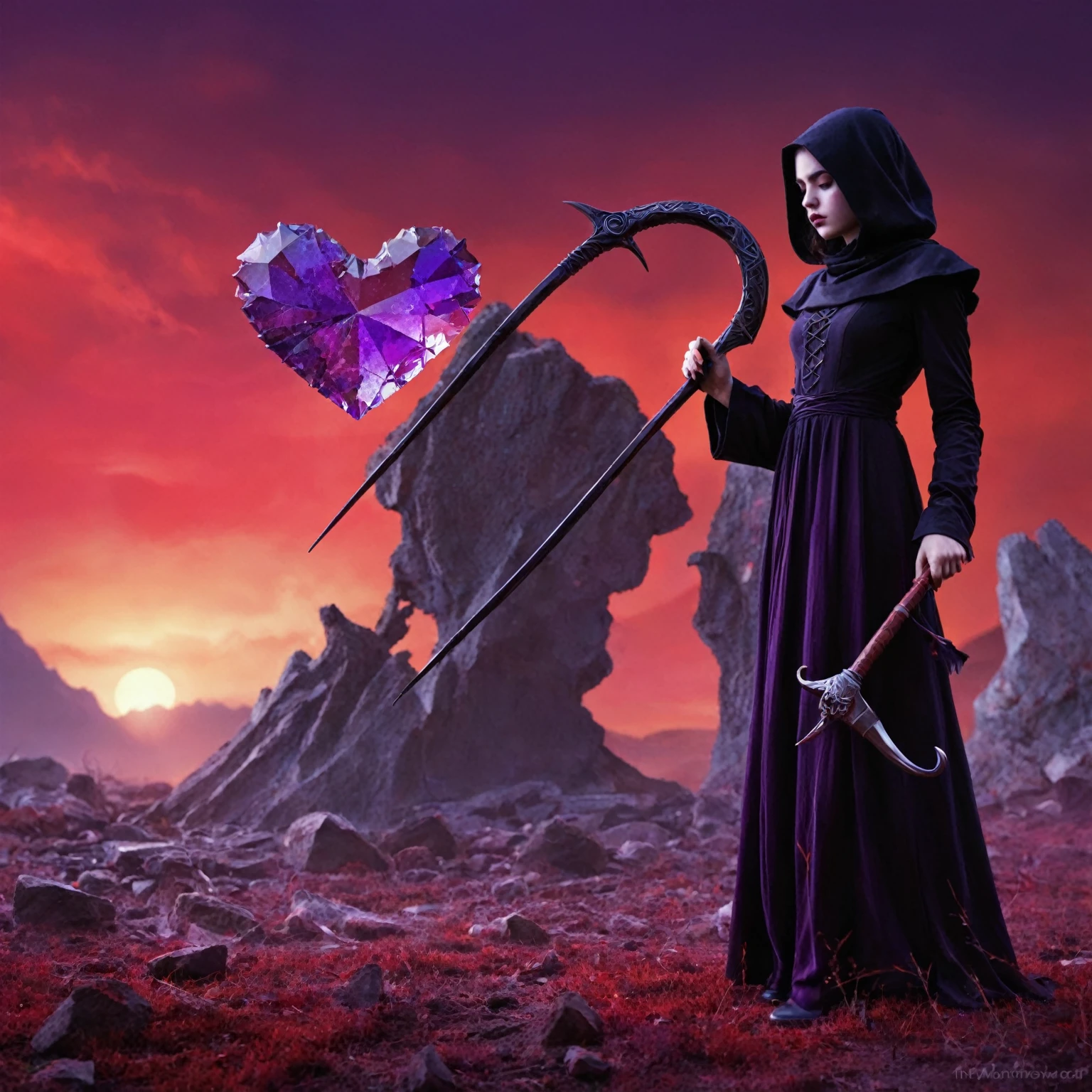 An artistic and stylized interpretation of death as a young girl. She is in a surreal and abstract landscape, where dark colors mix with intense red and purple tones. He holds a heart that appears to be made of broken glass in one hand and a scythe that glows with a soft light in the other. The scene has an air of sadness, but also of mysticism and deep symbolism.