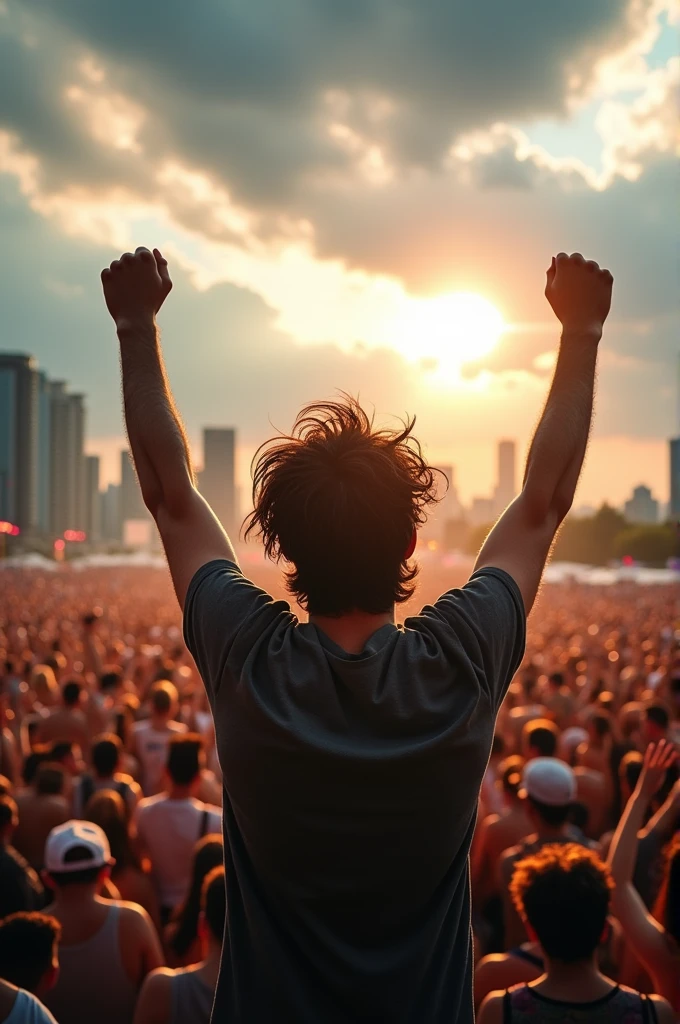 A man with dark hair and beard standing in front of a large crowd at a concert , with a bright sun in the background triumphant gesture against a dramatic sky with clouds and a cityscape in the background