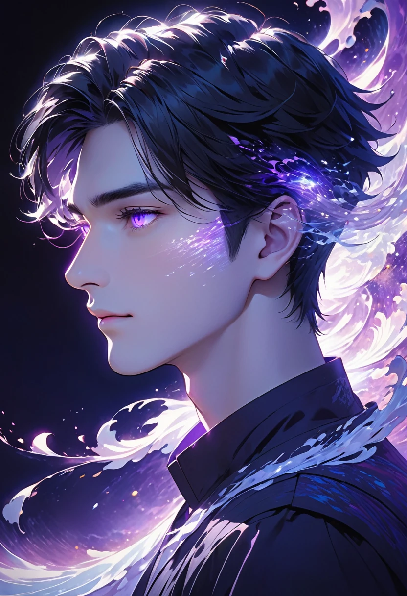 A male character's face is depicted in a side profile view, but he is looking directly at the camera. He has white skin and black hair. His right eye is blue, and his left eye is purple. From his purple eye, undulating purple light waves radiate towards his ear, creating a soft, glowing effect. Only his face is visible in the image, with all other elements kept blurred to focus on the facial details.