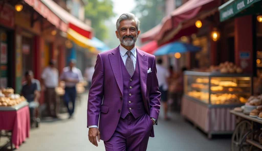 A very rich businessman of India who is going to a bakery wearing a purpule colour 3 piece suit 40 year old