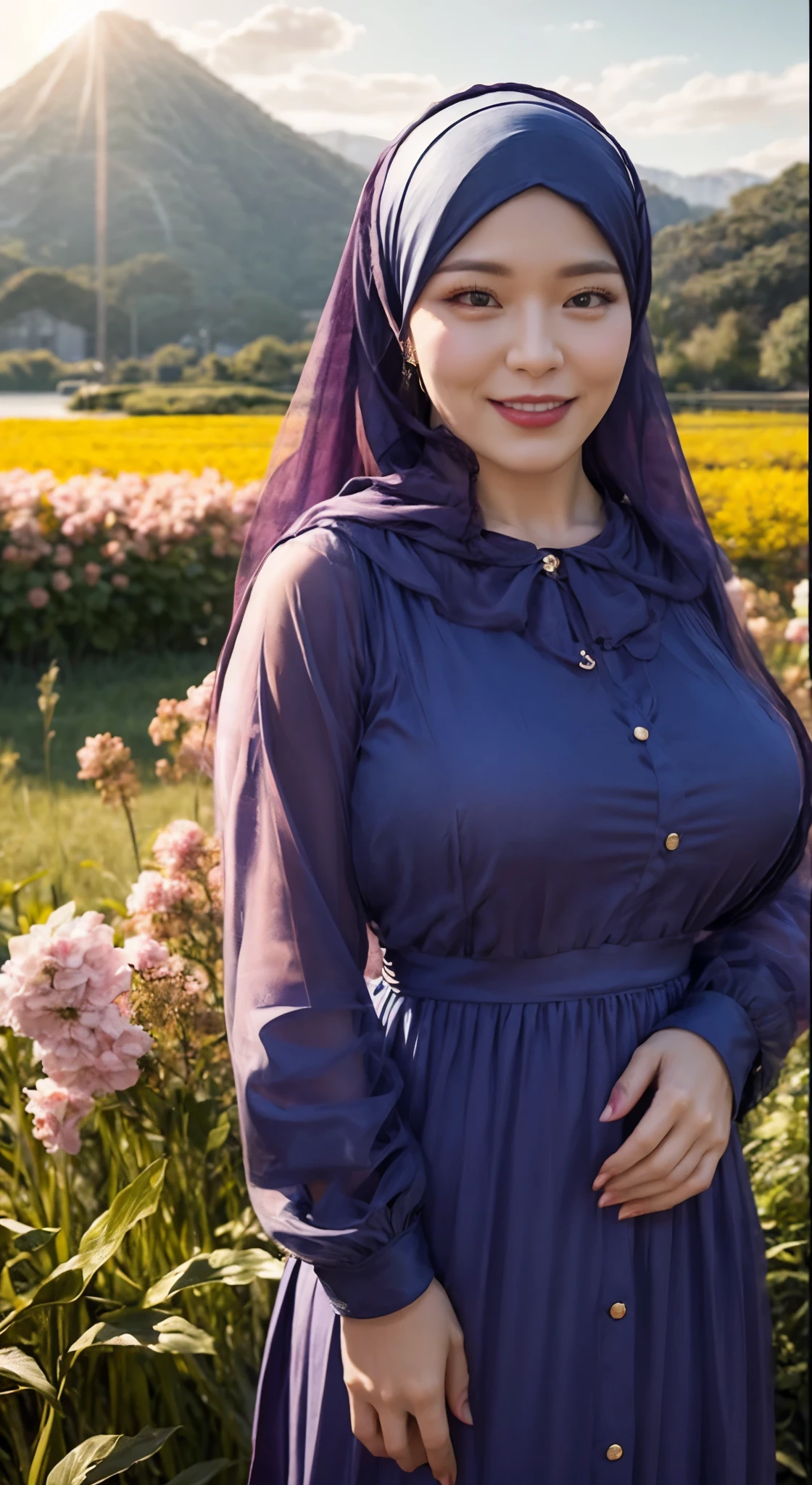 (nsfw:-2.0), (realistic, photo-realistic:1.4), (best quality,masterpiece:1.2), RAW photo, high resolution, intricate details, extremely detailed, realistic and sharp details, cinematic lighting, (portrait, frontal photography), solo, 1girl, (doll-like appearance), (sexy Paradise Kiss cosplay), large breasts, cleavage, dark hair, detailed face, detailed eyes, smile, (neon pink clothes), bell-shaped skirt, petticoats, high neckline, puffed sleeves, detailed lace, detailed embroidery, Paradise Kiss accessories and matching headpiece, choker, large sparkling Paradise Kiss jewelry, shiny victorian-style boots, photo background, outdoors, large park, trees,hijab
