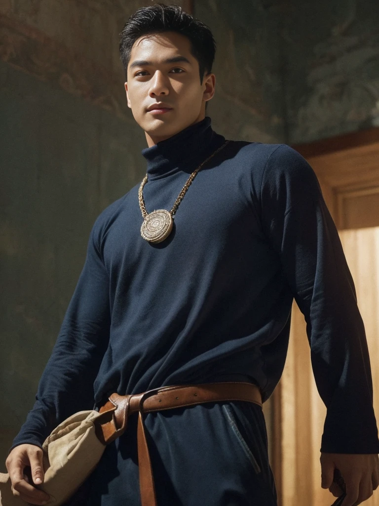 top-quality、masterpiece、超A high resolution、(realisitic:1.4)、Detailed face、solo、1human male、The upper part of the body、Dark hair、glistning skin、dense skin、(asian human)、architectural、(absurderes、hight resolution、ultra-detailliert)、、1 male、Adults、(a 25-year-old man)、a handsome、tall muscular man、broad shoulder、extra very short hair、angular jaws、thick neck、thick eyebrow、extra very short hair、A dark-haired、fine eyes and detailed face、 Highly detailed CG Unity 8K wallpapers、intricate-detail、(Style Swirl Magic:0.7)、looking at the spectator、solo、(full body Esbian:0.6)、Detailed background、A detailed face、dynamicposes、、dynamic compositions、 big muscle、、((((bulge))))、a handsome、 ((masutepiece:1.4, Best Quality)), ((masutepiece, Best Quality)), (photographrealistic:1.4)、(((Sorcerer)))、grin, Surfing,、a smirk、Sunny and cloudy sky、(Complex blue long sleeve enchantment costume), scarf, the costume is too much revealing the tskin and thighs, fantasy Library Background:1.2), Photorealistic、cana、magic circles , bare thighs