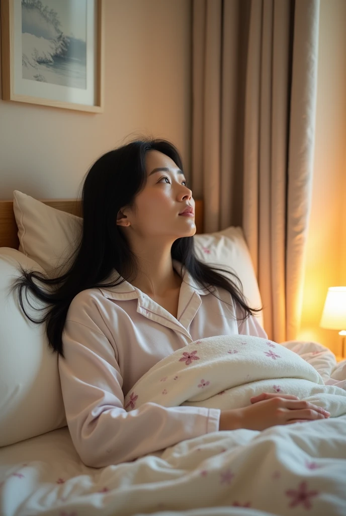 A 35-year-old Japanese woman in pajamas lying in bed in a room