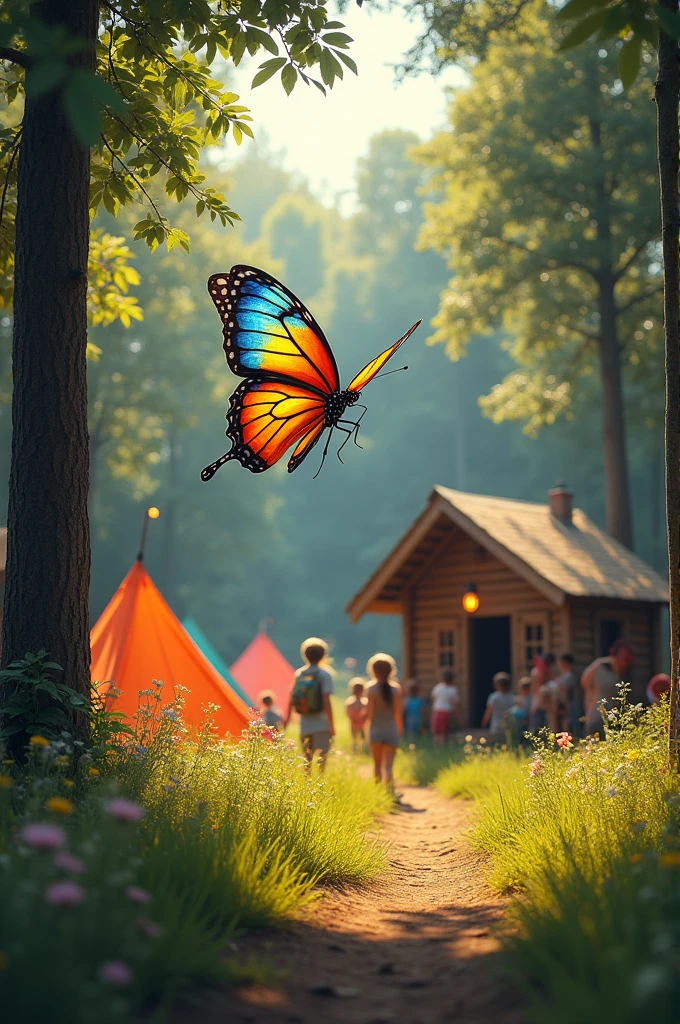 Make an image of a butterfly arriving at a summer camp