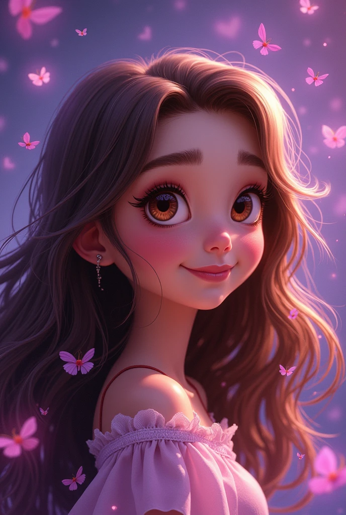 I want you to make a Disney style drawing, of a brunette with long, loose hair, com olhos castanhos, 8k illustration , The background of the photo should be purple 
