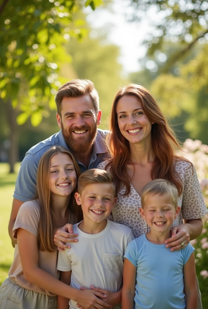 A white family of 5 with 8yr old boy and 16yr old girl the boy must be obscured in darkness making his face not visible
They are smiling but the boy's face isn't visible. Mom and dad