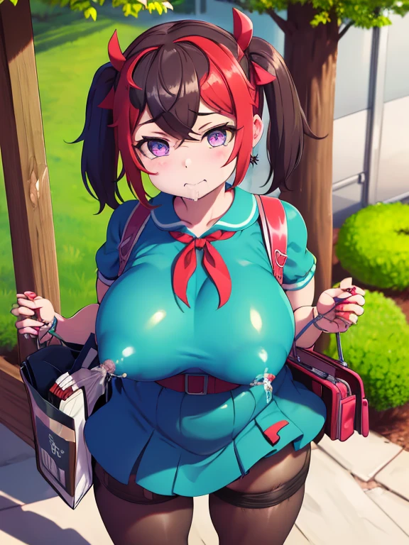 masterpiece, highest quality, nico_Yazawa,High resolution, 1 girl, alone, Brown Hair, short hair, Twin tails、Purple eyes, Cowboy Shot, Frill dress, , Pink Dress, (Cleavage)、(Beautiful thighs)、city, Outdoor, garden, carrying a red school bag, (randoseru backpack:1.0)、Chibi Cute:1.5
((((Breast milk))))((((Big Breasts))))(Paiman)、((Nipples))