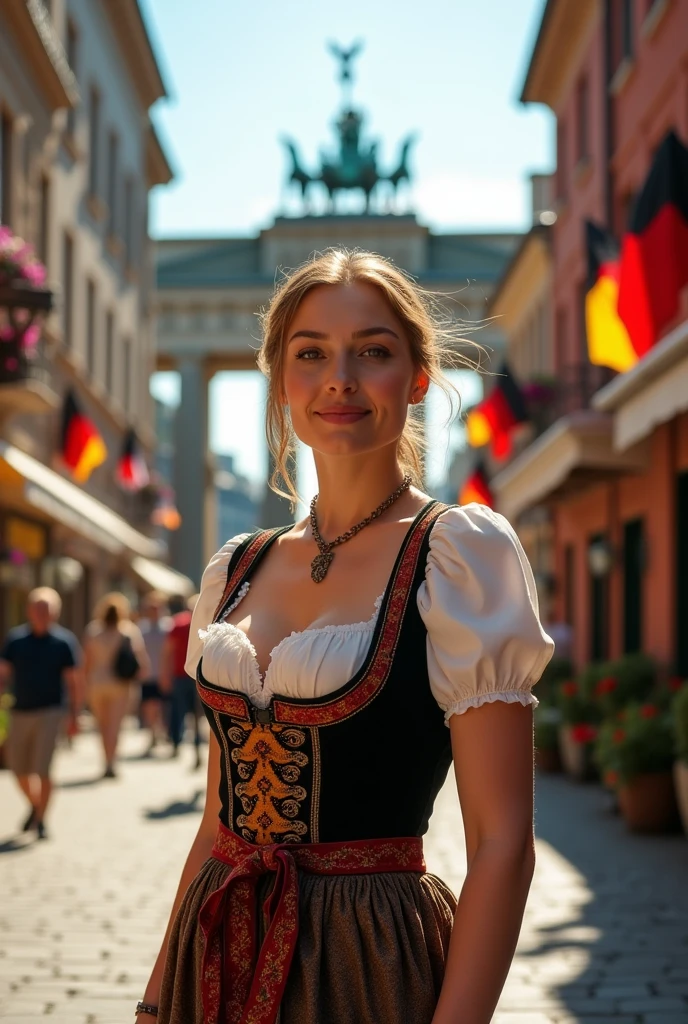 Create a woman representing the country Germany with its architecture surrounding it
