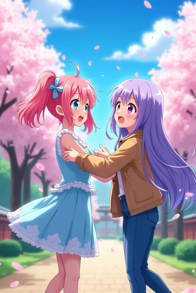 Two young ladies greeting each other in anime