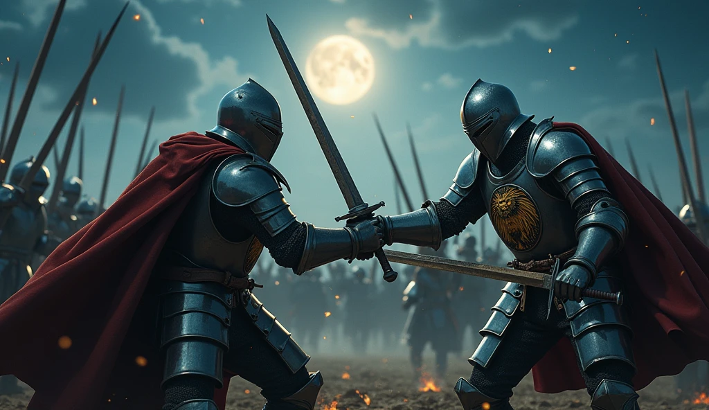 A highly realistic, high-contrast, 8K HD, detailed, hyper-detailed image of medieval knights with lion emblems on their armor, engaged in fierce combat on the battlefield at night, wielding their swords with skill and determination. The knights, clad in steel armor with lion emblems painted on their chests, battle against their enemies under the cover of darkness. The moonlight and faint glimmers of starlight cast an eerie glow over the scene, reflecting off their armor as they clash in the midst of combat. The atmosphere is intense and filled with the tension of battle, capturing the raw power and courage of the knights as they fight valiantly in the night. The image is of the highest quality, with ultra-high resolution, RAW photo quality, and Unreal Engine rendering, showcasing the heroic and relentless spirit of the knights as they battle under the night sky, with the lion emblem prominently displayed on their armor.