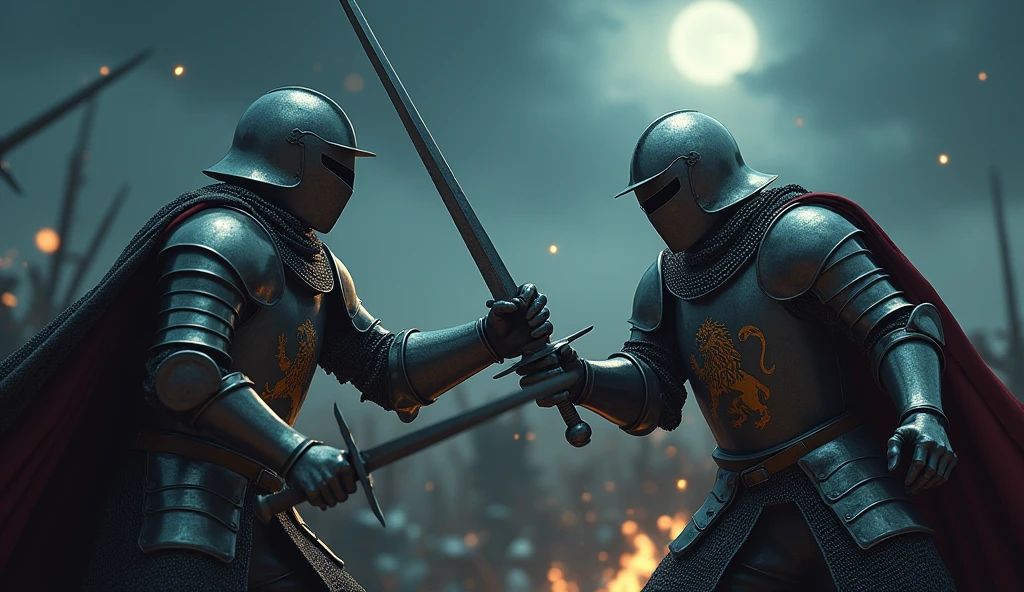 A highly realistic, high-contrast, 8K HD, detailed, hyper-detailed image of medieval knights with lion emblems on their armor, engaged in fierce combat on the battlefield at night, wielding their swords with skill and determination. The knights, clad in steel armor with lion emblems painted on their chests, battle against their enemies under the cover of darkness. The moonlight and faint glimmers of starlight cast an eerie glow over the scene, reflecting off their armor as they clash in the midst of combat. The atmosphere is intense and filled with the tension of battle, capturing the raw power and courage of the knights as they fight valiantly in the night. The image is of the highest quality, with ultra-high resolution, RAW photo quality, and Unreal Engine rendering, showcasing the heroic and relentless spirit of the knights as they battle under the night sky, with the lion emblem prominently displayed on their armor.