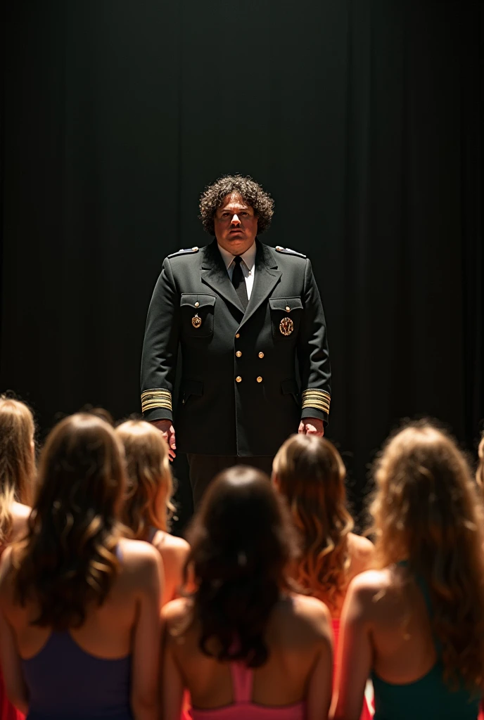 a middle-aged artist, chubby, with curly dark hair, Without beard; standing on a stage in a Nazi uniform and in the audience very young women of white complexion, long hair, some straight and some curly, in a swimsuit