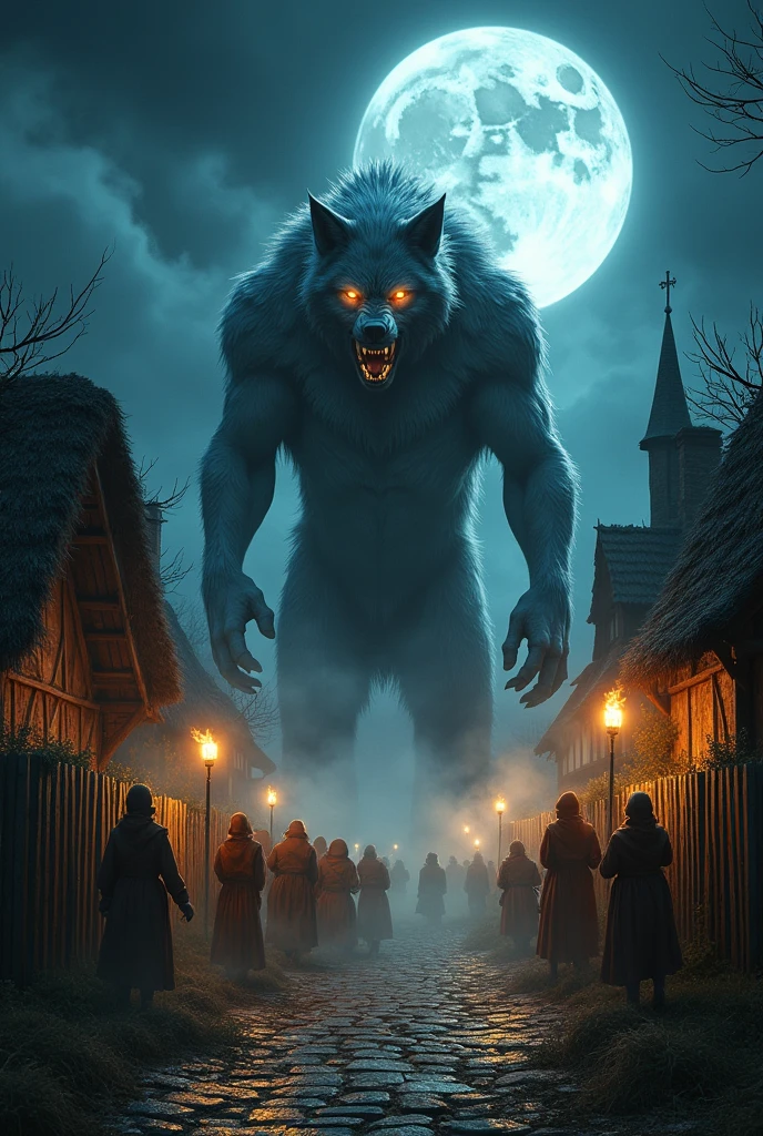 show a werewolf image in village with the villager 